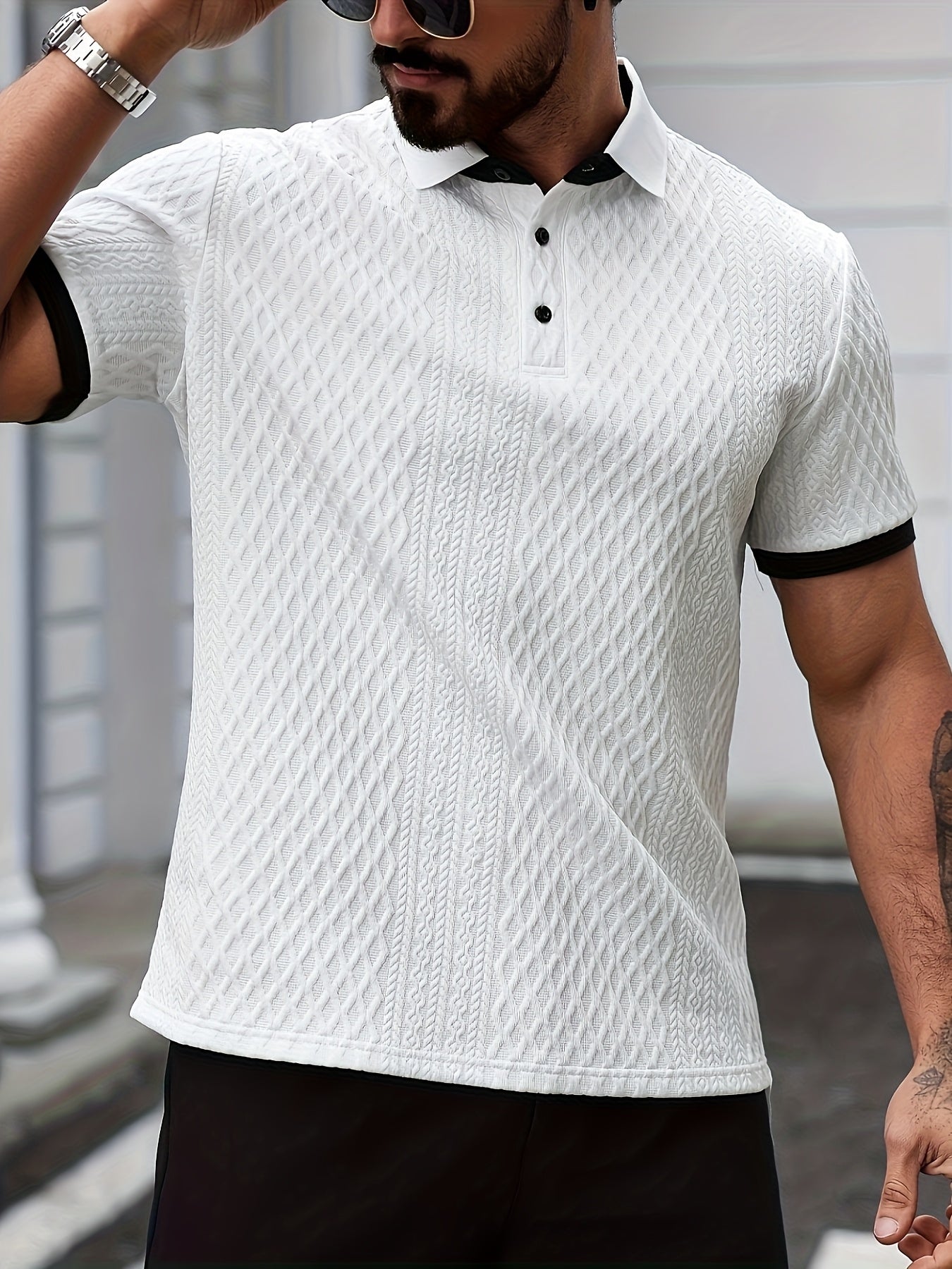Men'S Stylish Two-Tone Polo Shirt - Soft, Breathable Fabric with Jacquard Design, Short Sleeve, Button-Up Collar - Perfect for Business, Outdoor, and Casual Wear
