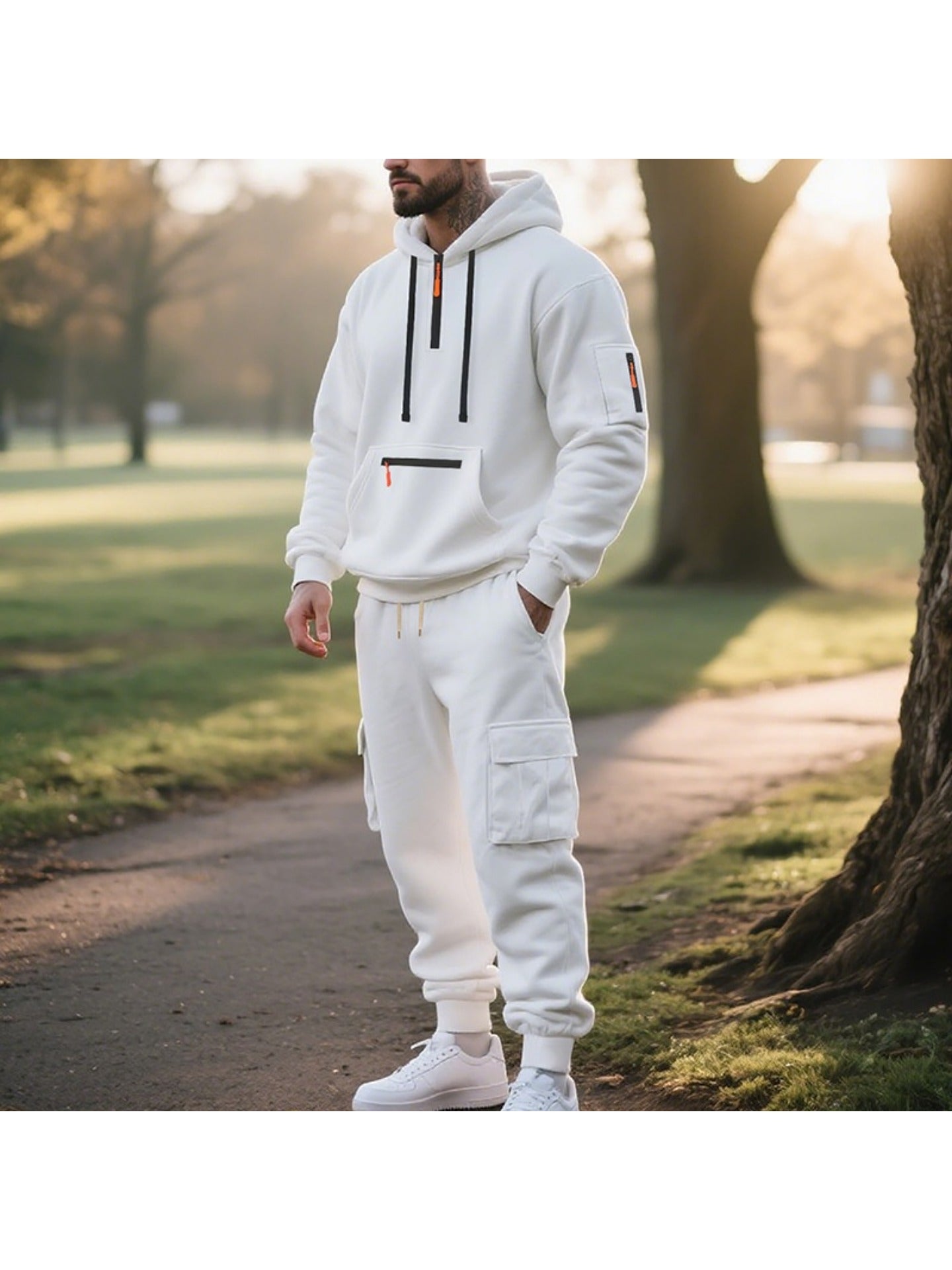 1 Set 2pcs Men's Athletic Casual Tracksuit - Fleece Lined Hooded Long Sleeve Pullover Sweatshirt & Pocketed Sports Pants, Warm Fleece Lining with Breathable Fabric, Perfect for Daily Wear, Outdoor Activities, Home Leisure - M