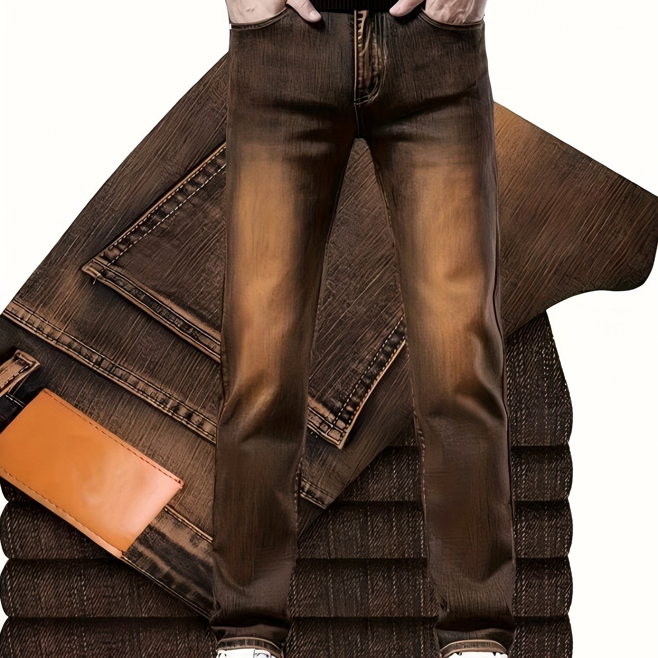 Men's Slim Fit Stretch Denim Jeans - Dark Brown, All-Season Wear, Cotton Blend, Machine Washable, Classic Design with Pockets, Versatile for Casual or Formal Occasions