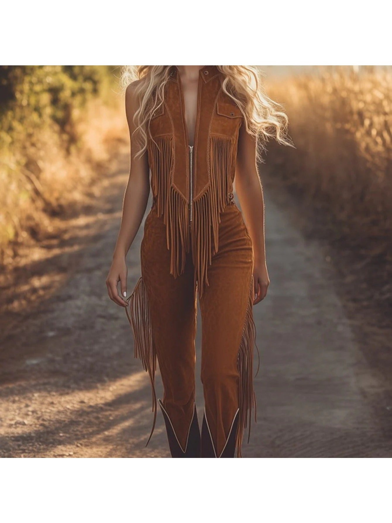 Women's 2025 Retro Western Fringe Brown Denim Vest Jumpsuit - All-Season Casual Overalls with Fringe Trim, Pockets & Belt, Machine Washable Solid Brown Cowboy Outfit for Themed Events, Casual Attire & Western Parties, Non-Str