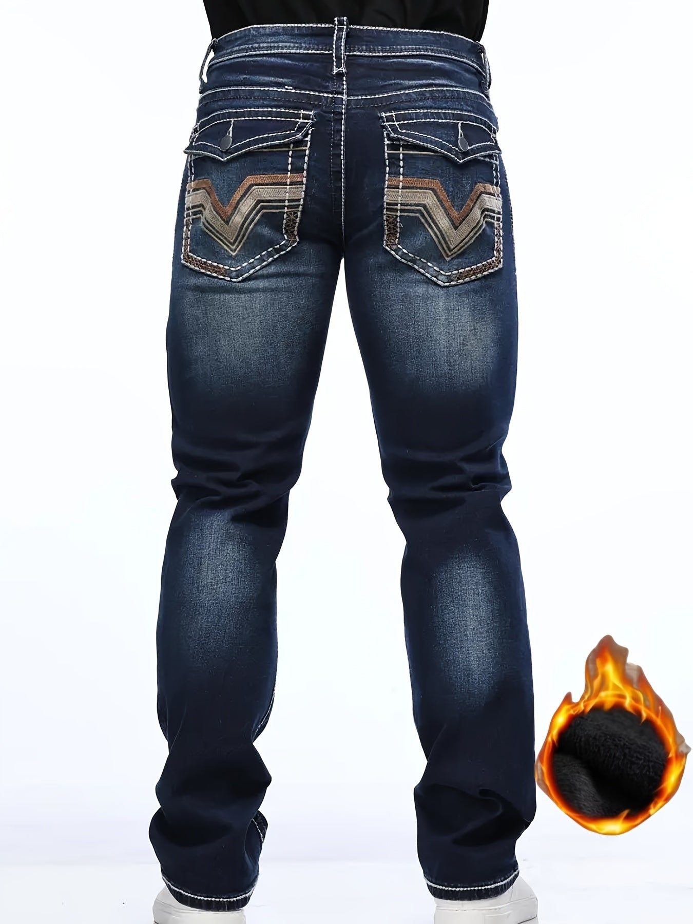 HME Men's Heavy-Duty Winter Jeans - Thickened Fleece-Lined Insulated Denim Pants with Heavy Wash & Natural Aging, Mid-Waist Stretch Slim-Fit Straight Leg, Machine Washable Casual Winter Pants for Cold Weather (Blue/Dark Brown