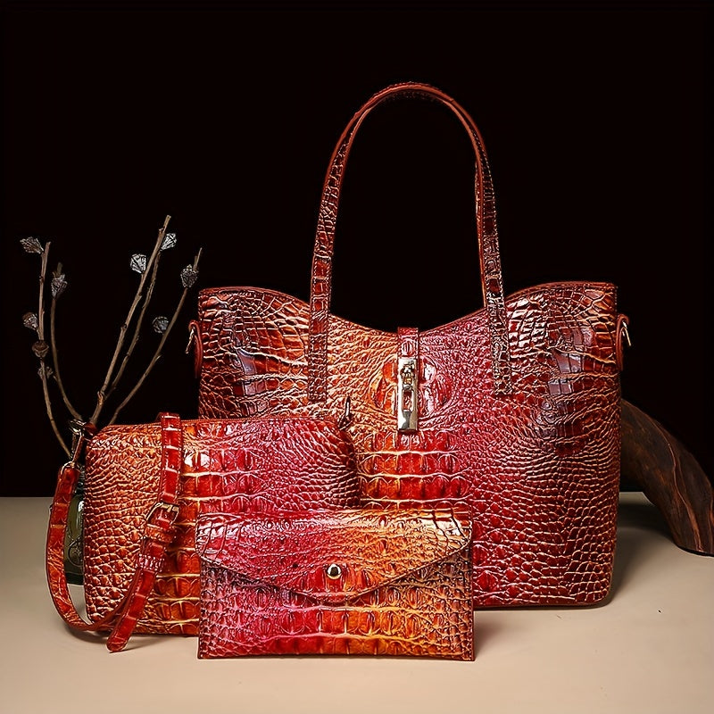 3pcs Set: Colorful Crocodile Pattern Large Capacity Faux Leather Tote & Crossbody Bags With Matching Wallet Combo, Christmas, Mother'S Day Gifts, Halloween Gifts