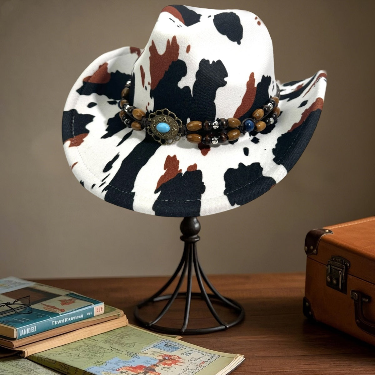 Cow Print Cowgirl Hat for Women & Men - Wide Brim Beaded Belt Western Cap with Black & White Cow Pattern, Brown & White Accents, Perfect for Parties, Beach, and Outdoor Events, Cowboy Hat, Party Accessory, Stylish Headwear