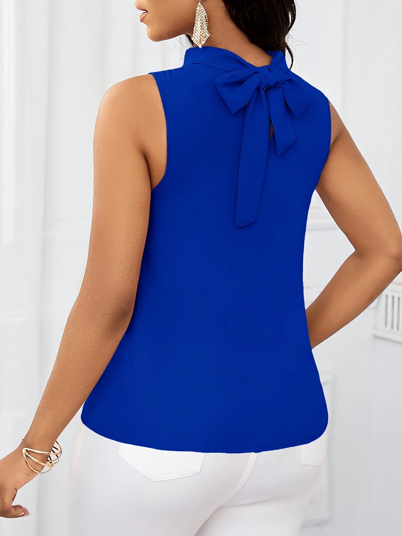 100% Polyester Solid Color High Neck Sleeveless Top - Lace-Up Detail, Woven Fabric, 120g/m², Regular Length, All-Season Wear