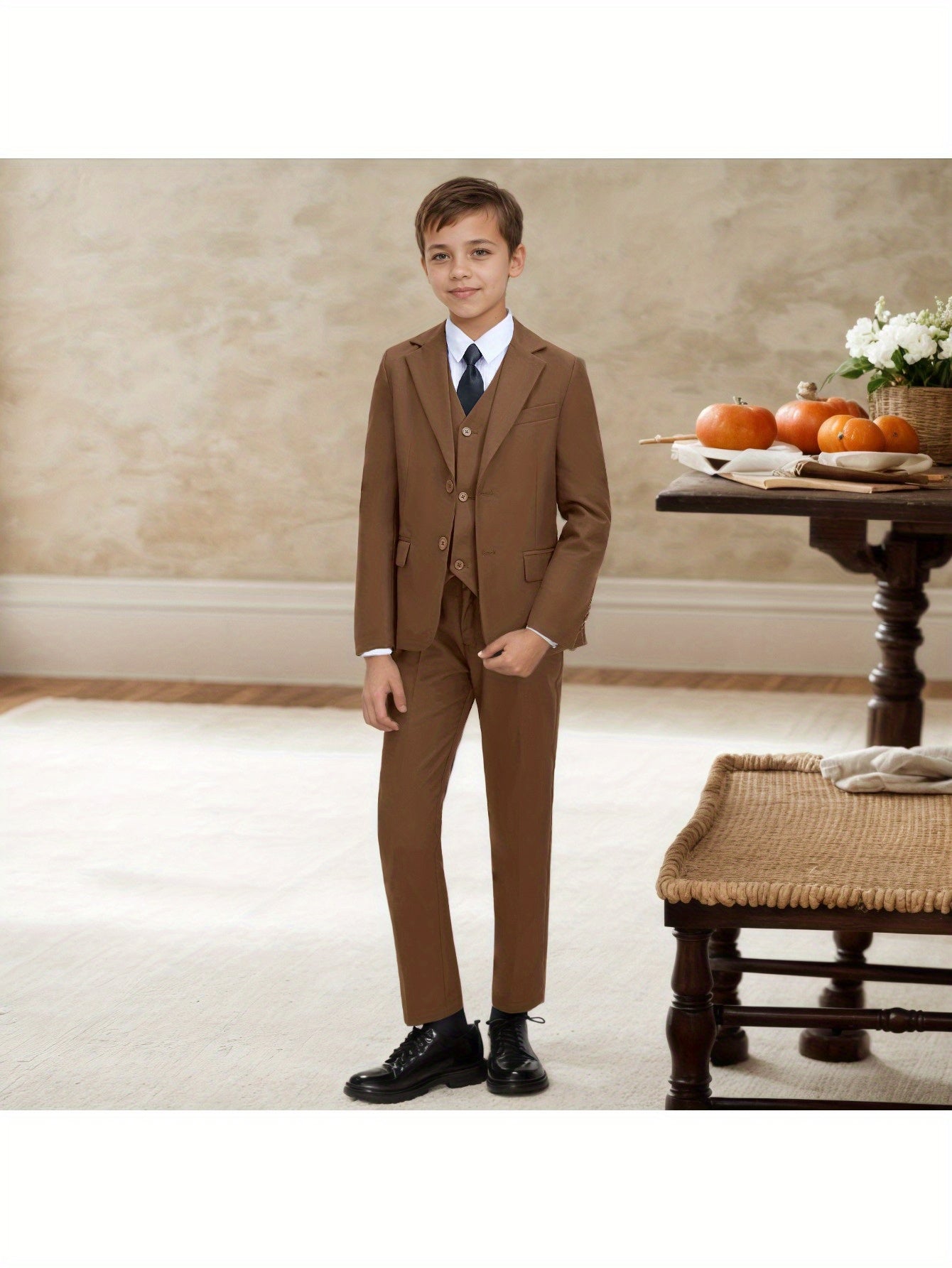 6-12 Years Old Boys' 3pcs Suit Set (Jacket+Vest+Pants), Khaki/ Olive Green, Wedding/ Party Flower Boy Attire