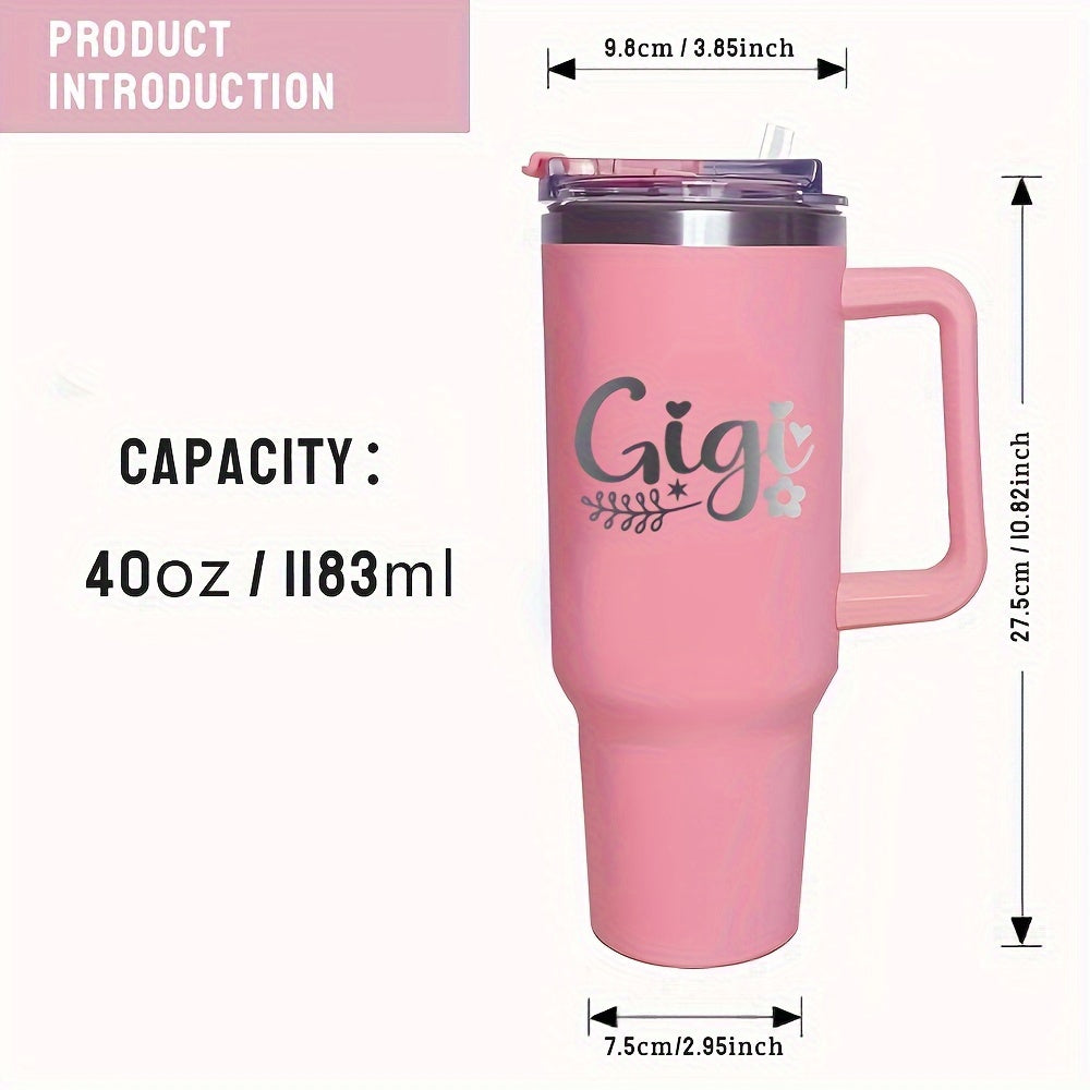 40oz GIGI Stainless Steel Travel Mug with Handle and Straw, Insulated Vacuum Tumbler, Reusable Hot and Cold Beverage Cup, Ideal for Grandkids, Parties, Halloween, Thanksgiving, Christmas, Birthdays - Black, White, Pink