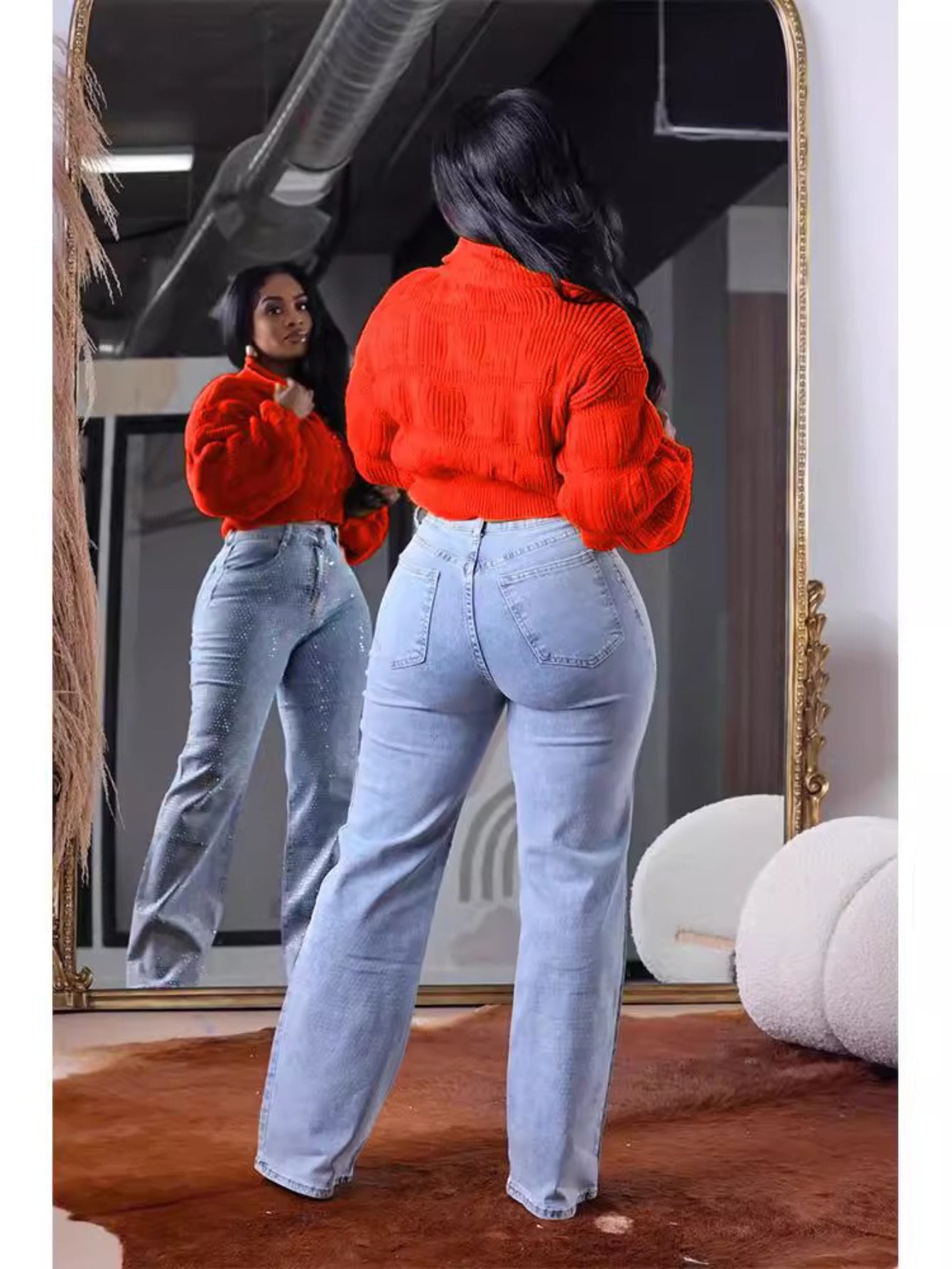 HERTALK Women'S Oversized Loose-Fit for Lotus Root Lantern Sleeve Sweater with Threaded Cuffs - Soft Warm Winter Pullover, Short Length Round Neck Casual Sweater for Fall/Winter, Cozy Layering Piece for Everyday & Semi-Formal