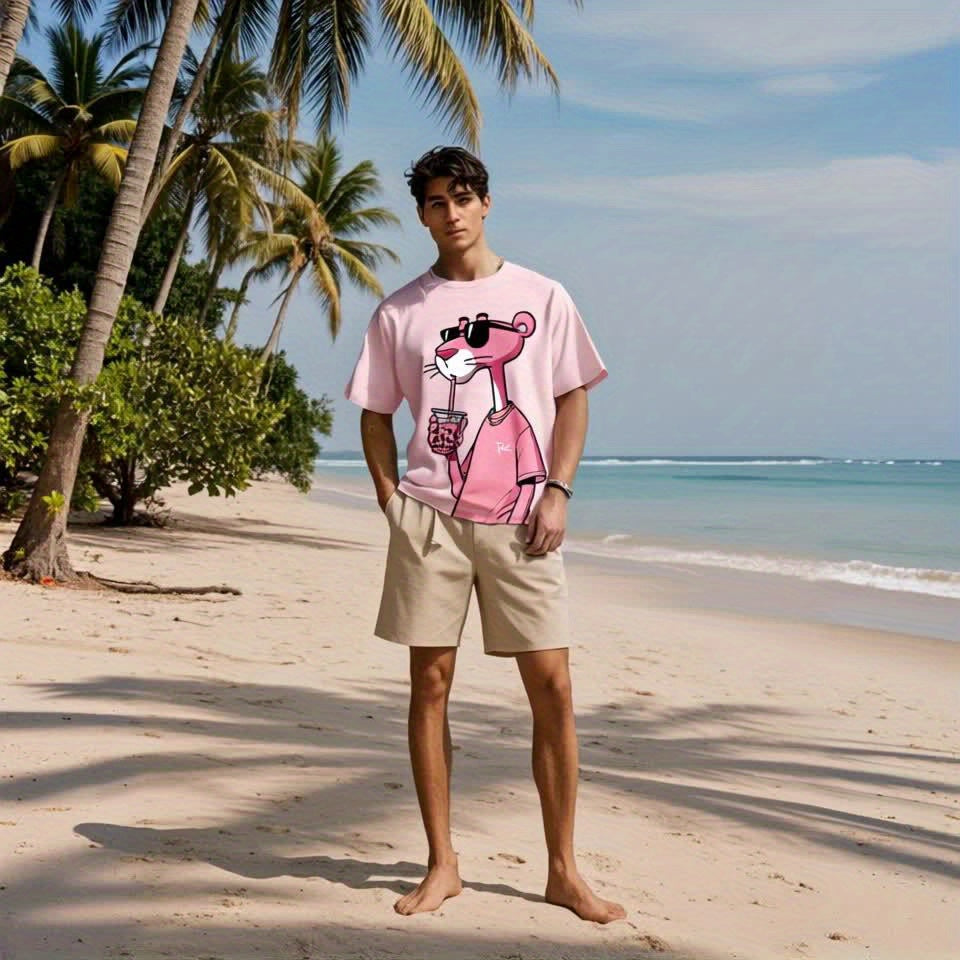 Men'S Casual Pink T-Shirt with Stylish Cat Graphic - Short Sleeve, Round Neck, Lightweight Summer Tee, Perfect for Casual Attire, Leisure Clothing | Trendy Casualwear | Lightweight Tee