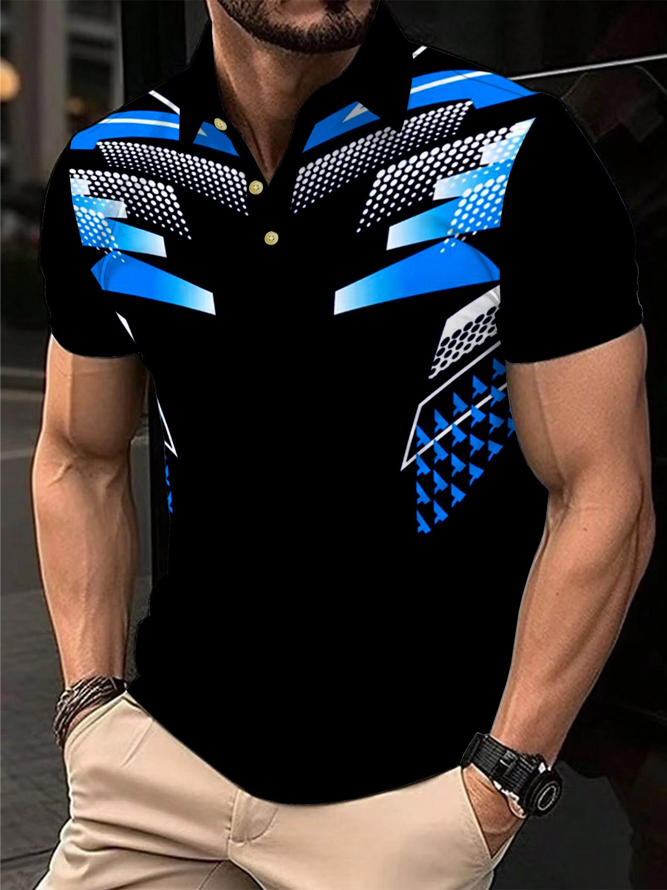Men's Lightweight Breathable Sporty Motorcycle-Inspired Geometric Print Shirt - 100% Polyester Regular Fit Short Sleeve, Black with Blue Accents for Golf, Tennis, Casual Outings & Daily Wear | Summer Activewear, Tennis Appare