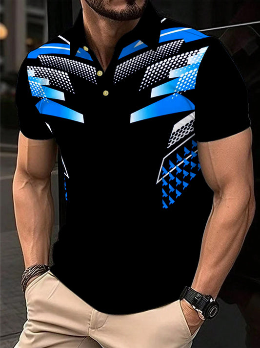 Men's Lightweight Breathable Sporty Motorcycle-Inspired Geometric Print Shirt - 100% Polyester Regular Fit Short Sleeve, Black with Blue Accents for Golf, Tennis, Casual Outings & Daily Wear | Summer Activewear, Tennis Appare