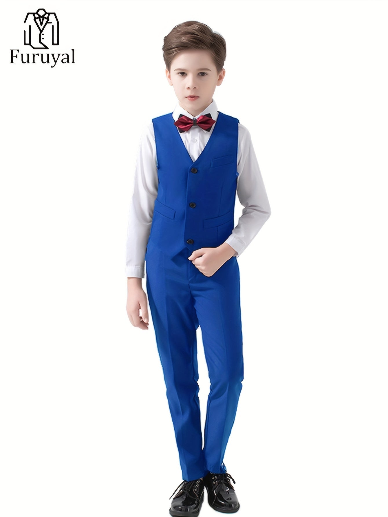 Furuyal Boys' 4pcs Formal Suit Set Vest Pants Collared Dress Shirt And Tie Boys' Suit Size 6-16Y Boys Suits Suitable For Music Festival Graduation Season Party