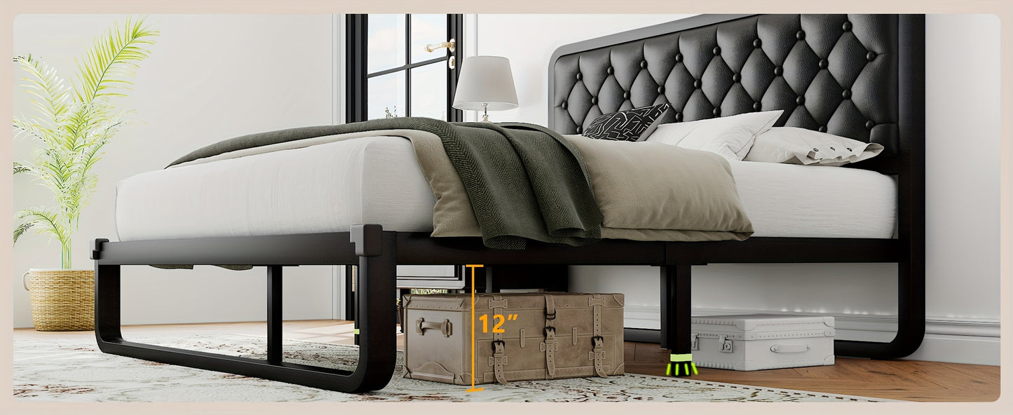 12" Heavy Duty Storage Platform Metal Bed Frame - Luxurious Button Tufted Upholstered Headboard, No Box Spring Needed, Sturdy Construction, Ample Storage Space, Easy Assembly