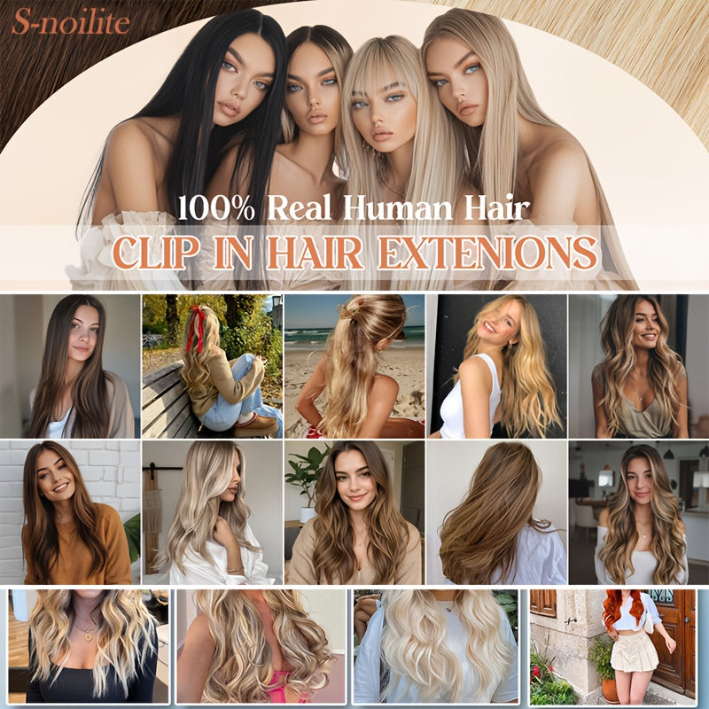 16-Inch Long Human Hair Clip In Extensions - Full Head V-Shaped Weft with 5 Clips, Natural Brown/Black/Blonde/Dark Brown/ Brown/Dirty Blonde/Chestnut Brown/Red Brown/White/Gray/ Auburn - Straight Hair Extension for Women, Bal