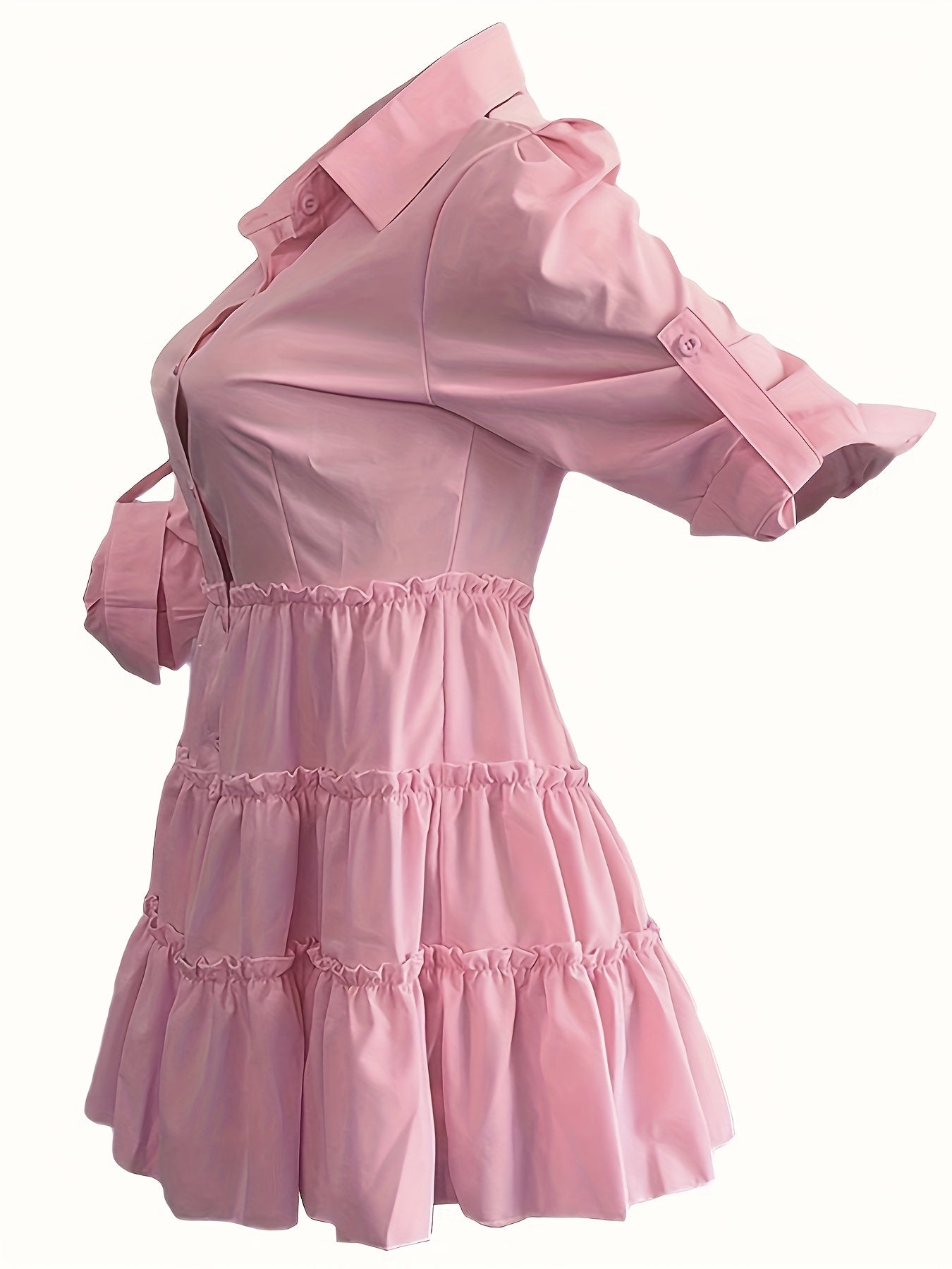 Single Elegant Half Sleeve Ruffle Trim Solid Color Shirt Dress for Spring & Summer, Women's Clothing