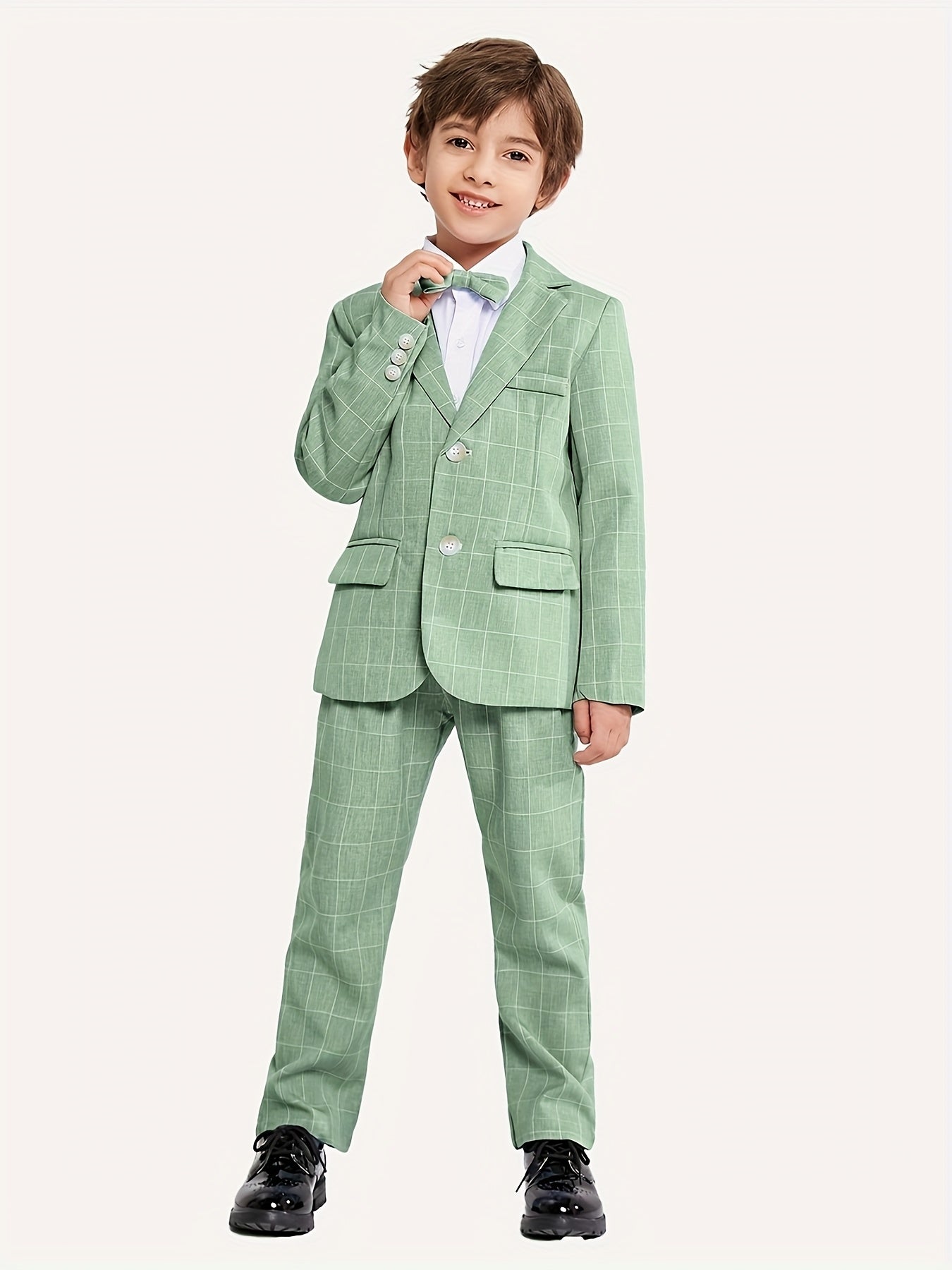 Kids' Elegant Blue Checkered Suit with Bow Tie - Perfect for Weddings and Formal Events, Slim Fit, Long Sleeve, Non-Stretch Fabric, Party Attire|Formal Attire|Slim Fit Suit