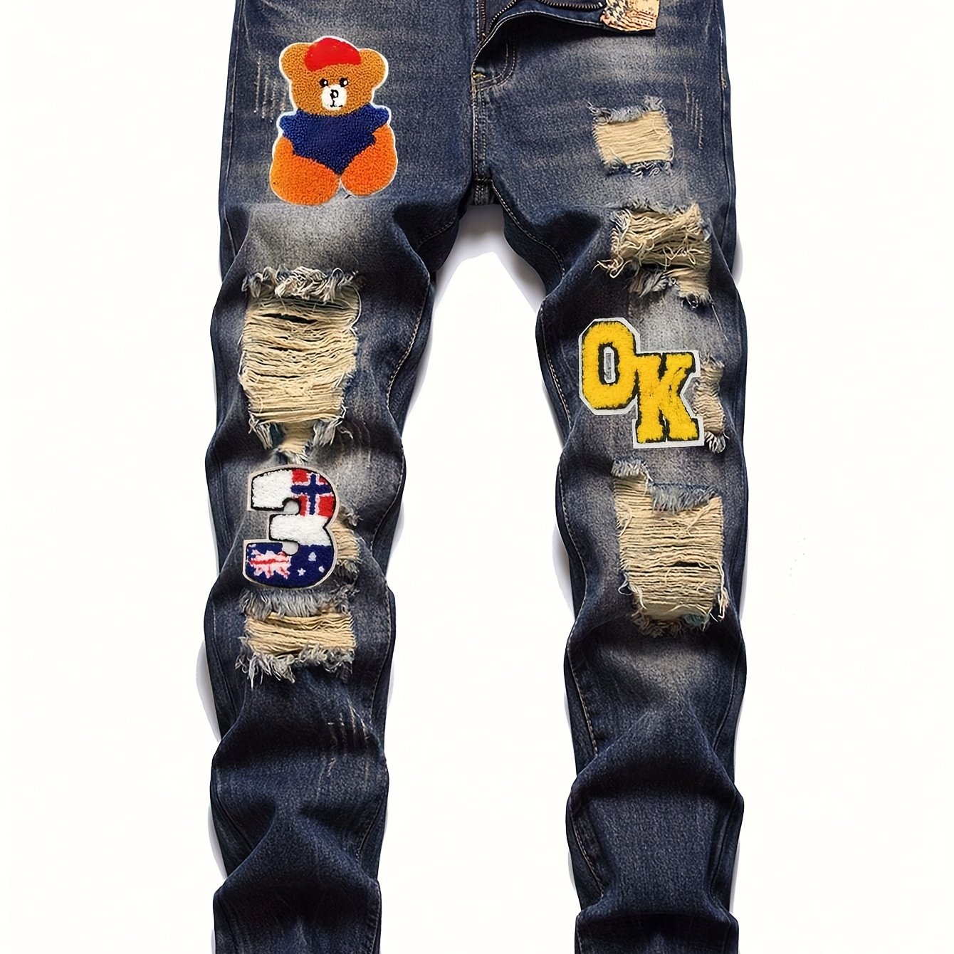 [Trendy Boys' Retro Jeans] Trendy Boys' Retro Washed Blue Jeans | Cartoon Teddy Bear Patch Embroidered Hole Straight Leg Youth Clothing
