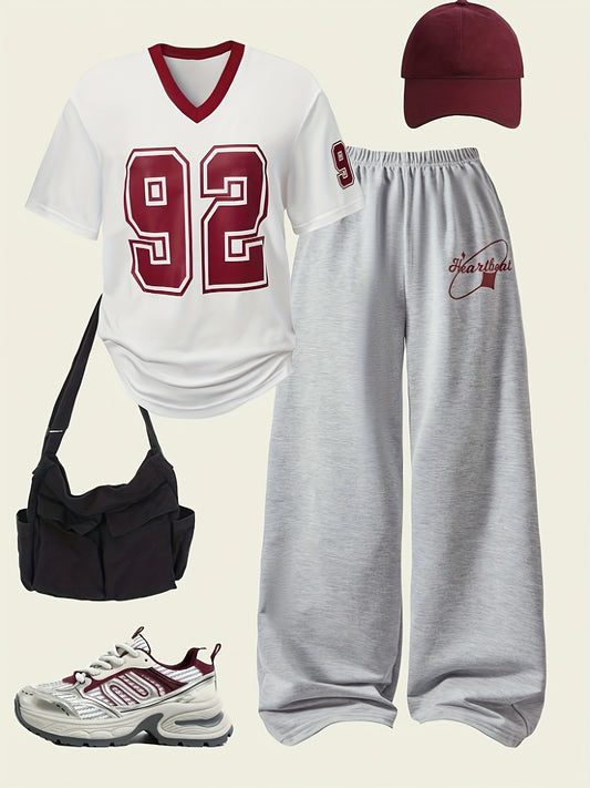 [Casual T-Shirt & Jogger Set] Women's Casual T-Shirt & Jogger Pants Set - White with Red Number 92, Gray with "Be Still" Design, Perfect for Spring/Summer