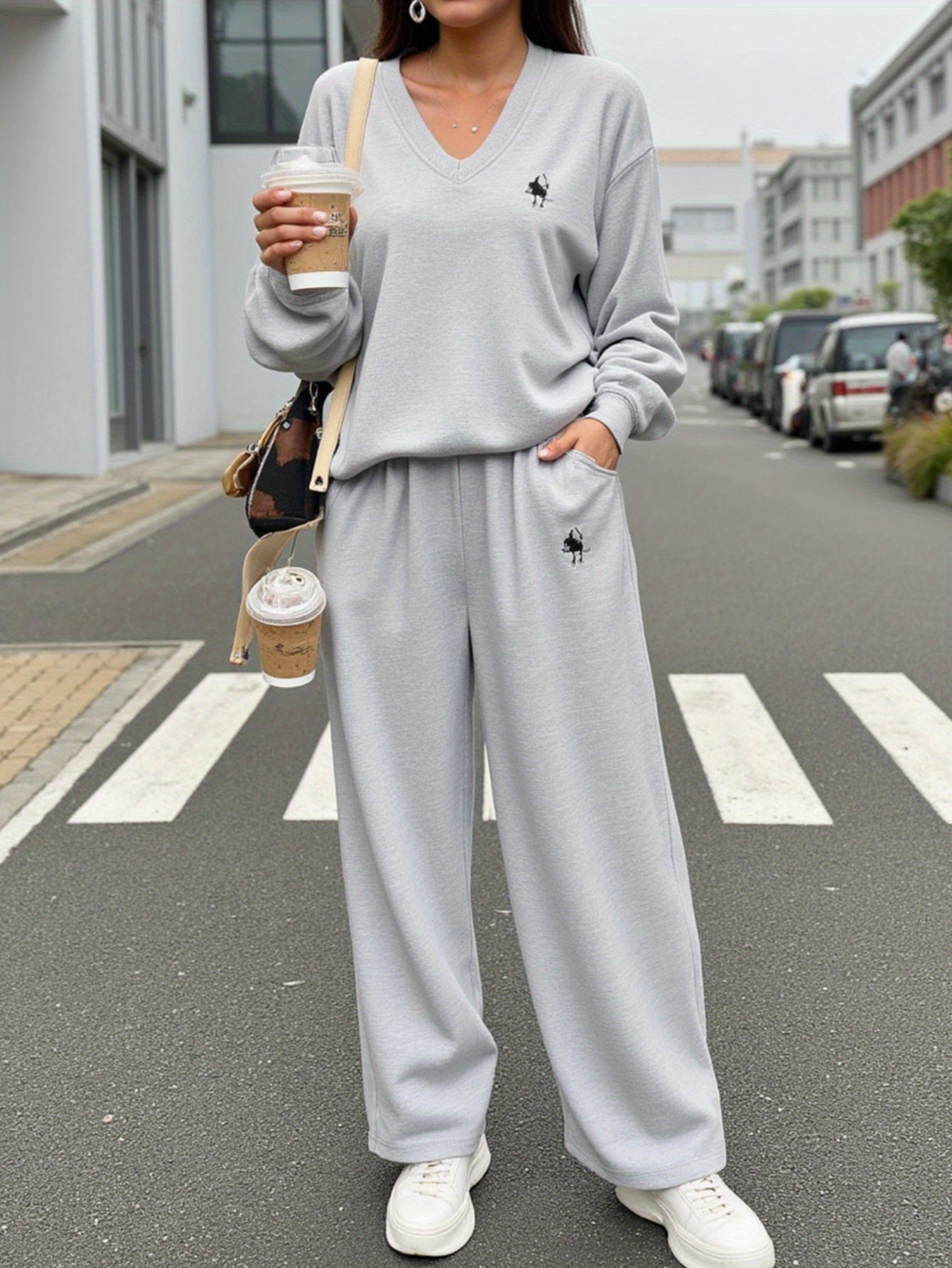 Women's Stylish Light Grey V-Neck Sweatshirt & Jogger Set - Cozy Fall & Winter Outfit with Pockets, Casual Crew Neck, Long Sleeve, Loose Fit for Casual Attire, Casual Wear|Vneck Design| Construction, Sweater Set