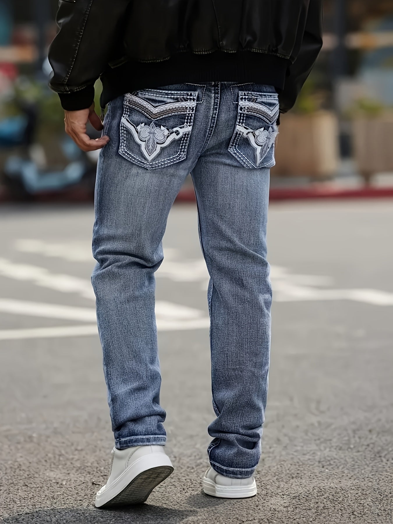 HME Men's Jeans - Stretch Slim-Fit Mid-Rise Pants with Elastic Waist, Vintage Washed Blue Denim, Five-Pocket Design & Built-In Zipper Closure, Machine Washable for Business, Office, Everyday Casual - All-Season Men's Pants, V