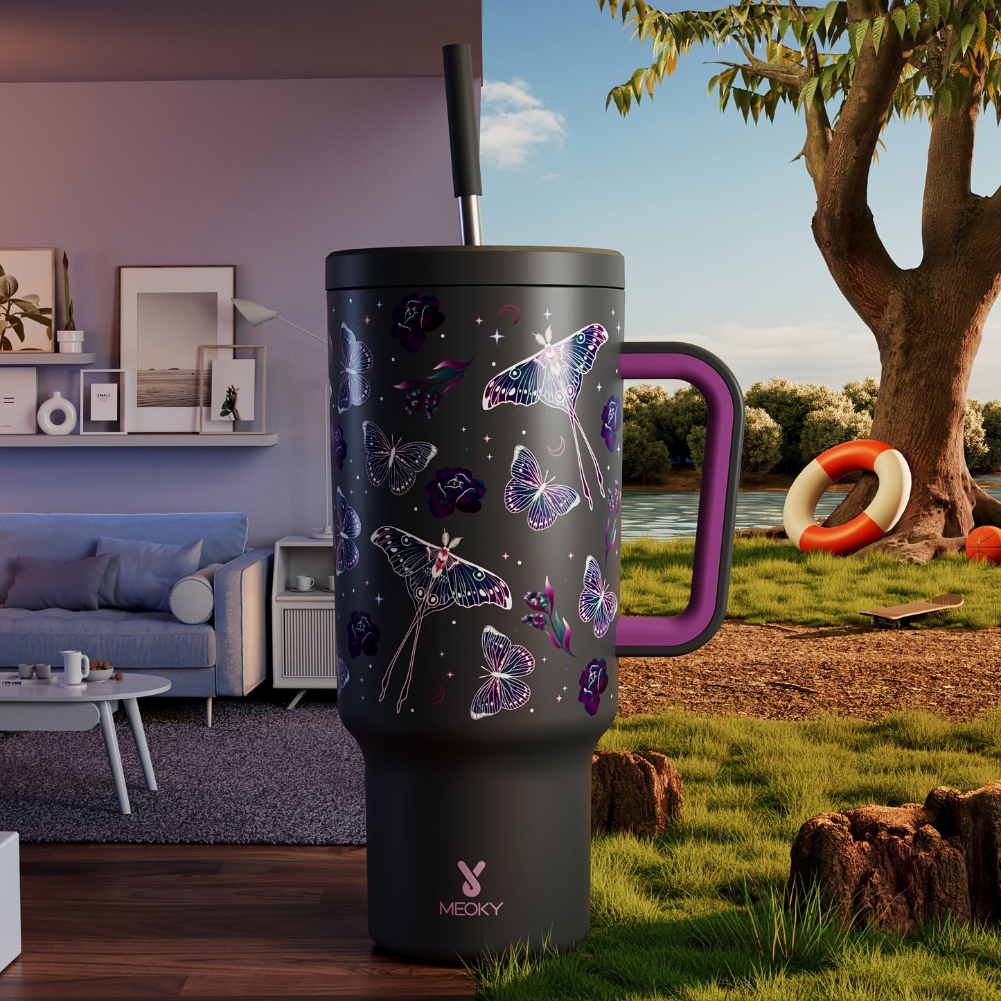 Meoky 40oz Insulated Stainless Steel Water Bottle - Vibrant Butterfly Design, Keeps Drinks Hot/Cold for Hours, with Lid, Straw & Handle - Ideal for Outdoor Activities, Camping, Hiking, Car Travel - Perfect Easter Gift