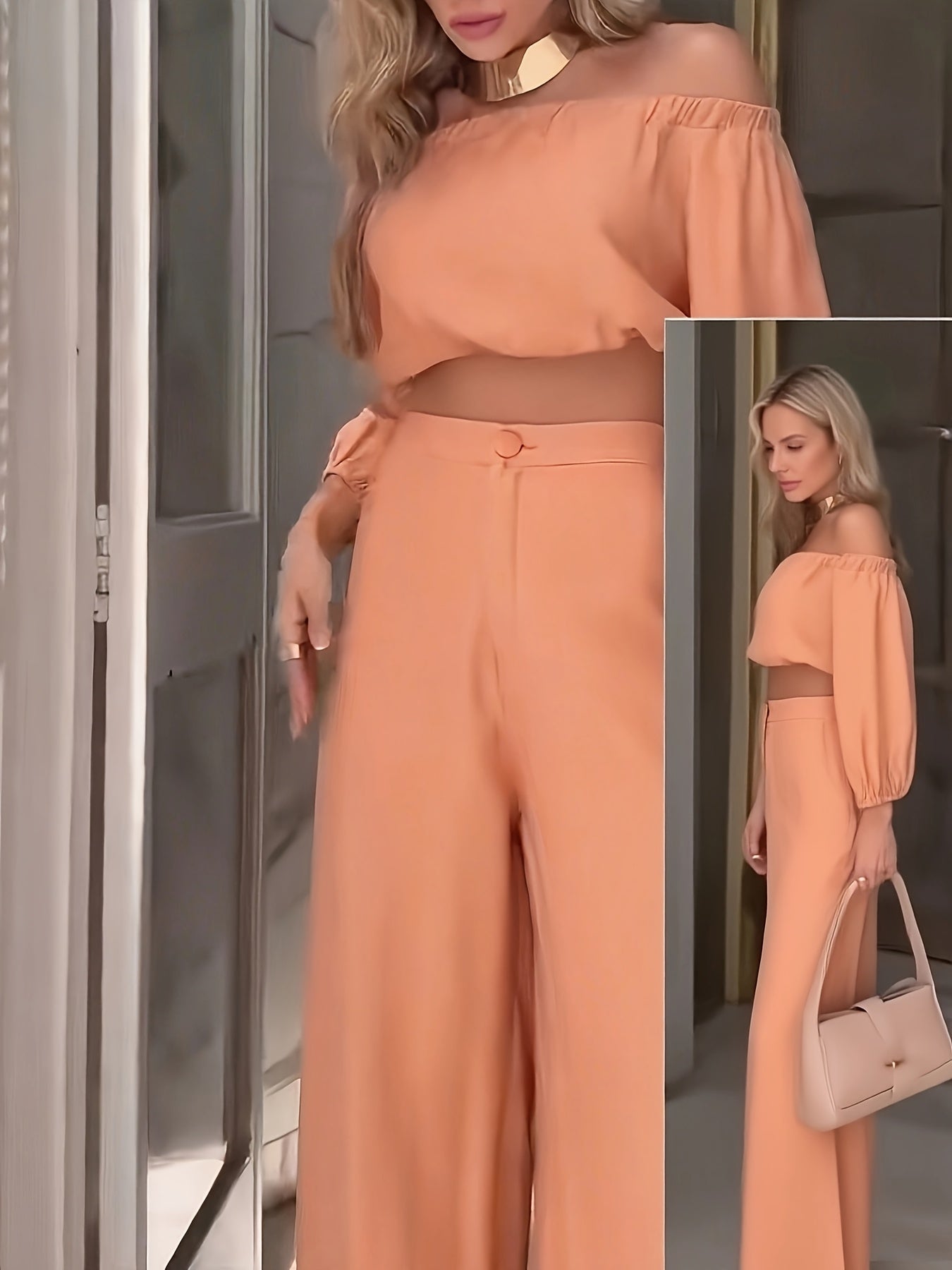 European and American Style Spring/Autumn One-Shoulder Short Top High-Waisted Wide Leg Pants Set Casual Fashion Two-Piece