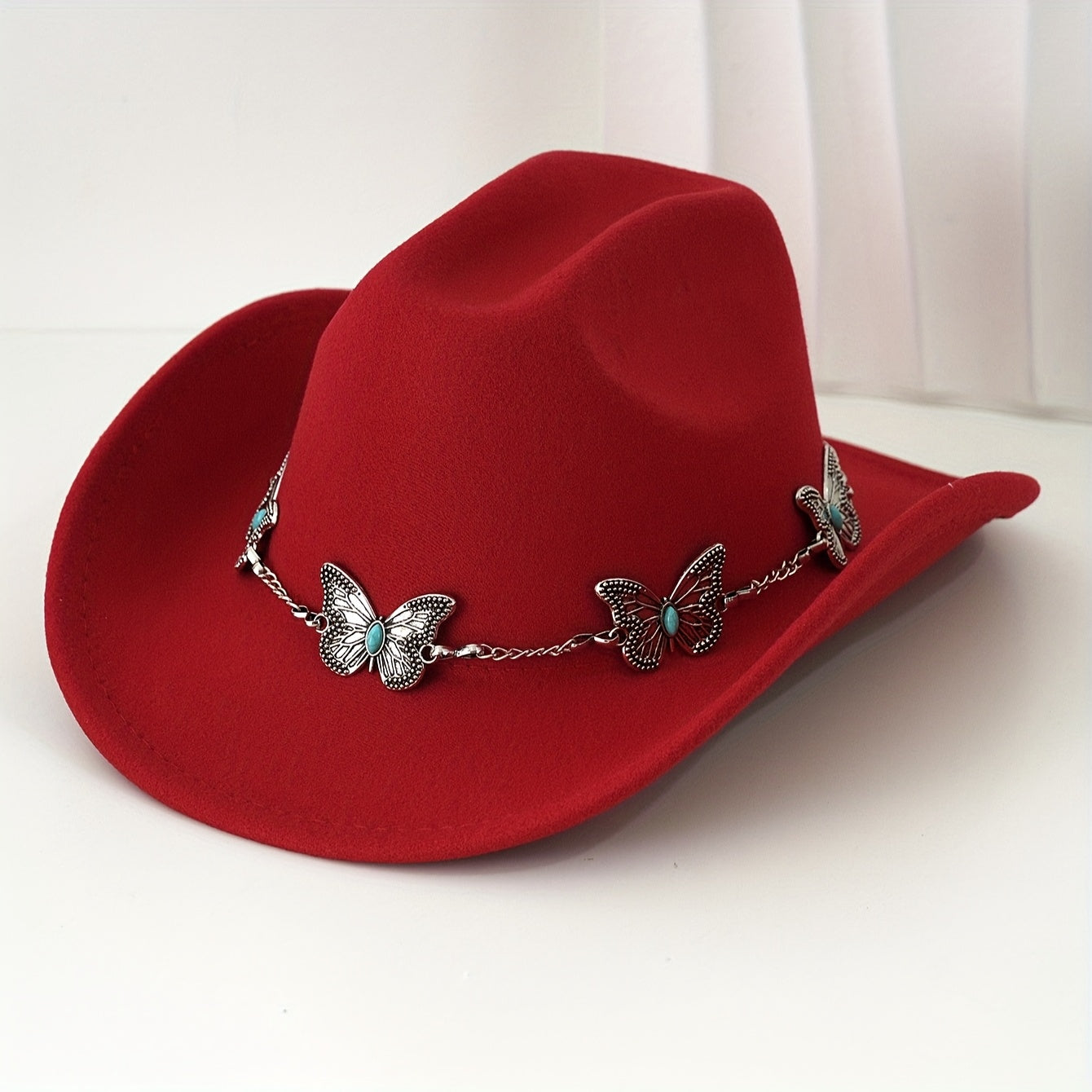 [Western Cowgirl Hat] 1pc Western Cowgirl Hat | Lightweight, Polyester, Woven, Fedora Style with Silvery Metal Butterfly, Ideal for Western Themed Events & Grassland Music Festivals