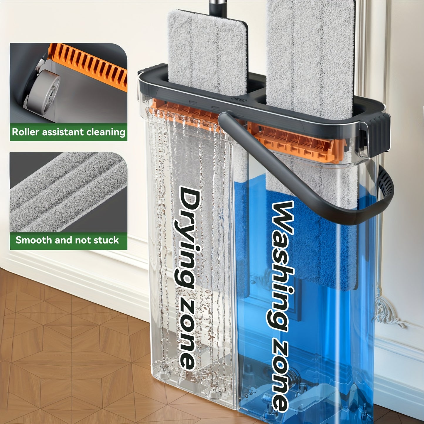 Mop And Mop Bucket Combo Set, Hand-free Flat Mopping Mop And Bucket, Washable Reusable Microfiber Cloth, Wet And Dry, Can Mop Tile Wood Floor Marble, Suitable For Living Room, Bedroom, Kitchen, Bathroom Use