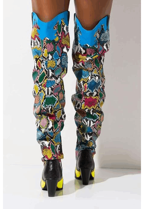 HILDA Colorful Snakeskin Over-the-Knee Boots – Chunky Low Heel Western Style