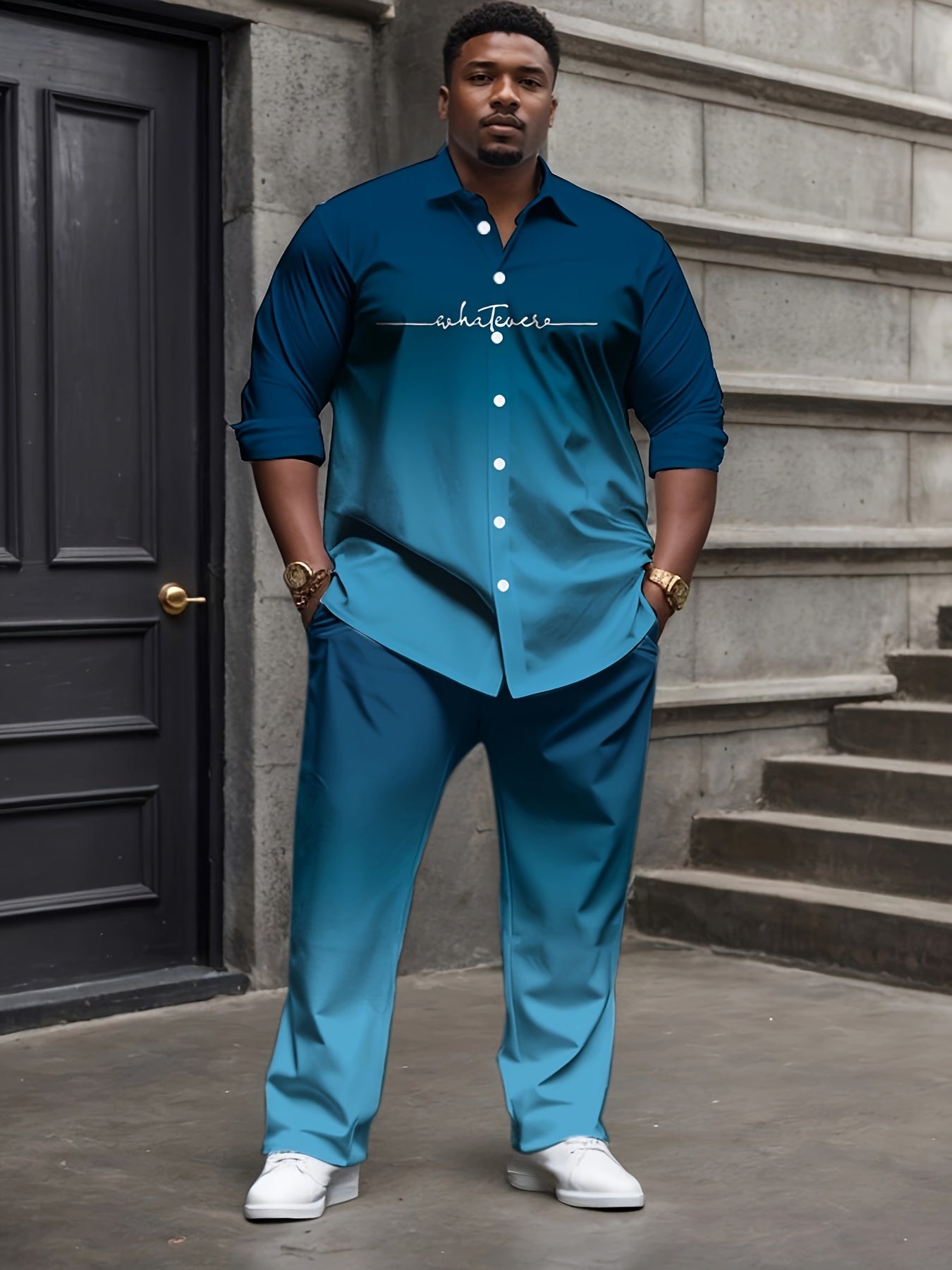 [Plus Size Suit Set] Men's Plus Size Suit - Stretch Long Sleeve Button-Up Shirt & Pants Set | Retro Geometric Check Pattern, V-Neck Lapel Design, Loose Fit for Casual & Formal Wear, Plus Size Blazers