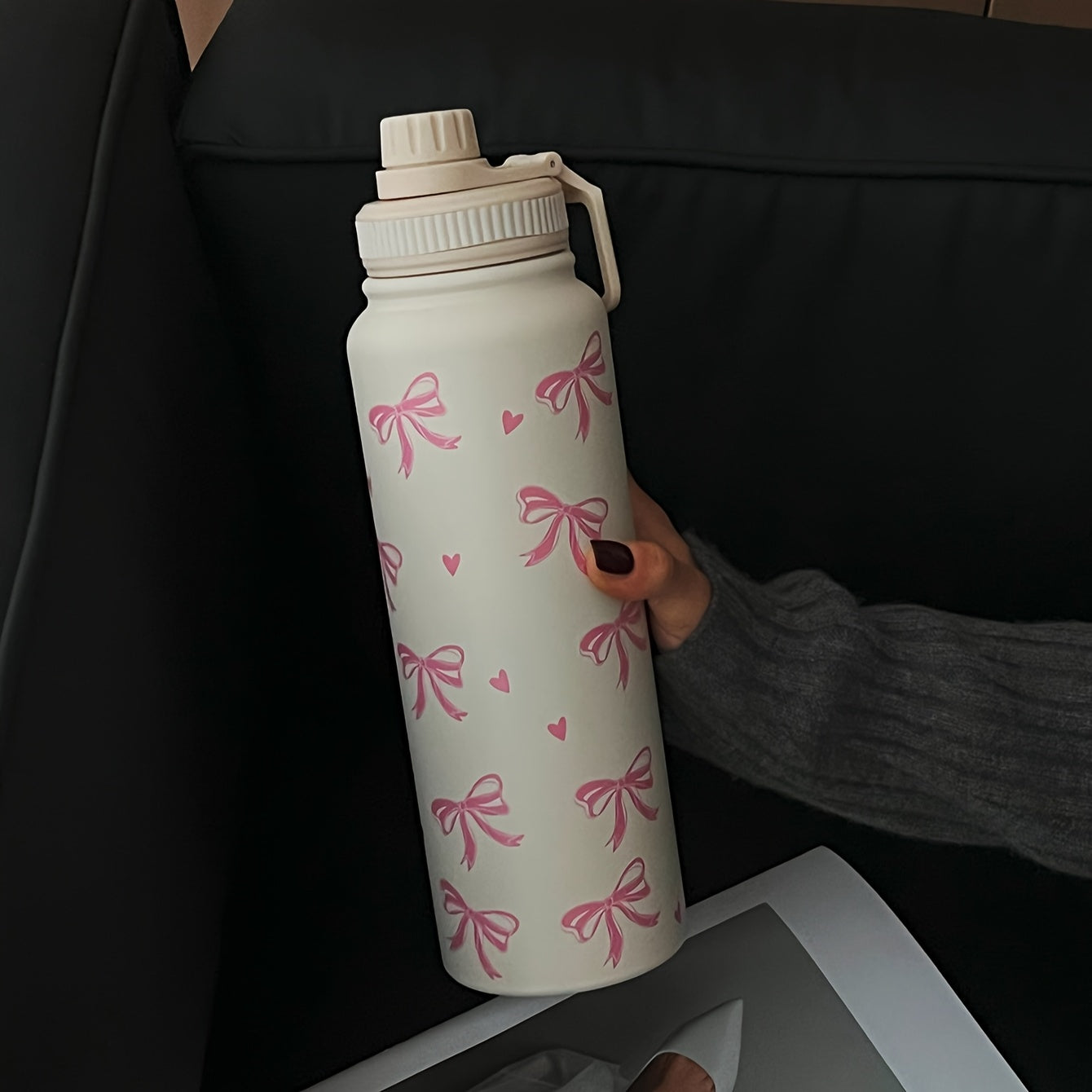 1pc 600ml/800ml/1000ml Pink ins style large bow double-layer stainless steel thermal cup, straight drinking mouth large capacity water bottle, outdoor sports kettle, flat bottom cup, water cup, teapot, tea cup, fitness exerci