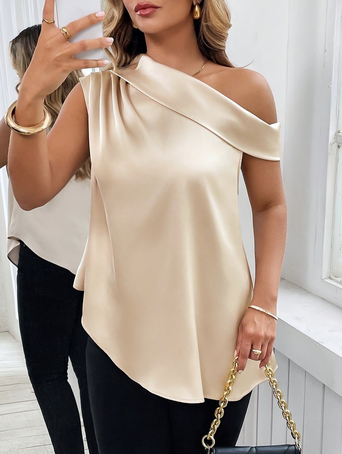 Elegant Off-Shoulder Blouse for Women - Chic Asymmetrical Neckline, Solid Color, All-Season Versatile Top, Perfect for Casual or Stylish Outfits, Versatile Fashion | Chic Off shoulder | Asymmetrical Neckline, Ladies Blouses
