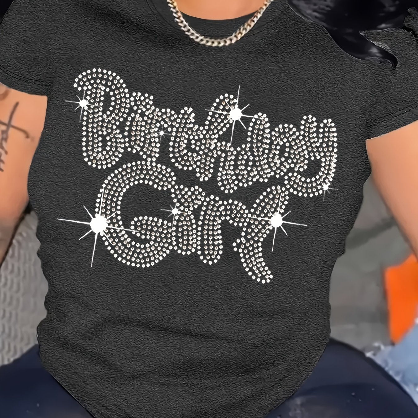 Celebratory Shine] Women's Sparkling Rhinestone "Birthday Girl" Graphic T-Shirt - Soft Polyester Knit, Crew Neck, Short Sleeve, Glittery Letter Print, All-Season Casual Wear, Festive Attire | Casual Crew Neck | Comfortable Fi