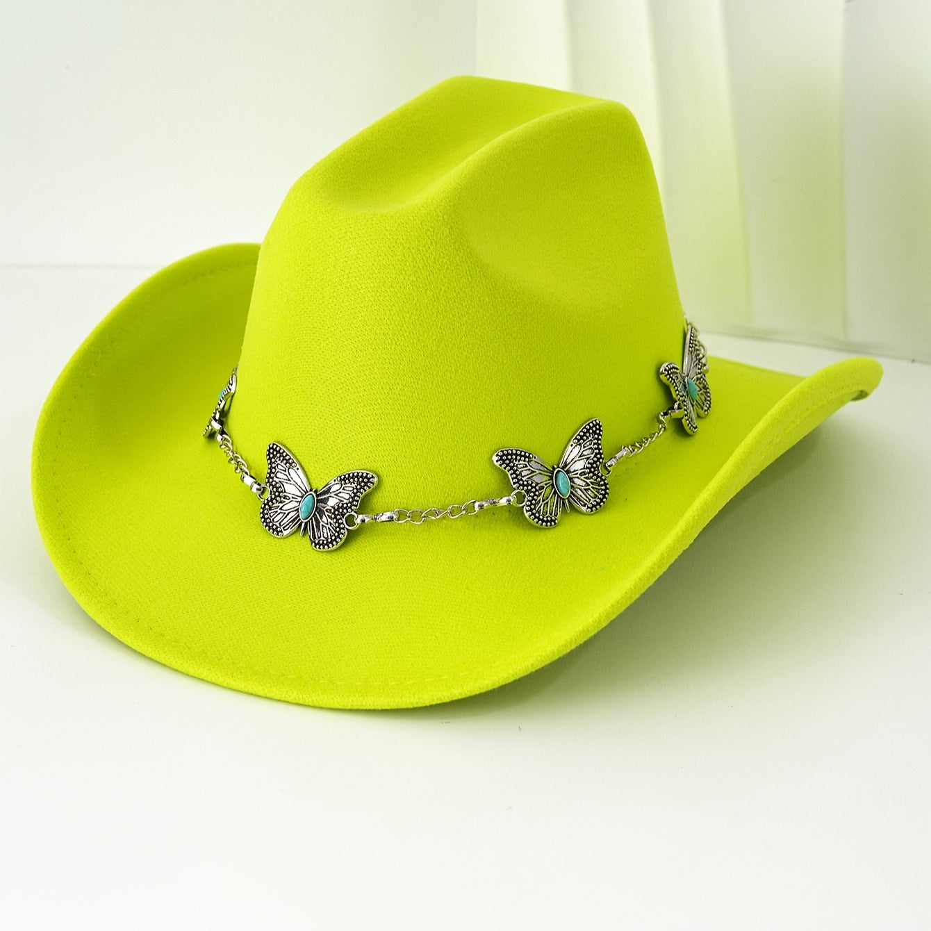 [Western Cowgirl Hat] 1pc Western Cowgirl Hat | Lightweight, Polyester, Woven, Fedora Style with Silvery Metal Butterfly, Ideal for Western Themed Events & Grassland Music Festivals