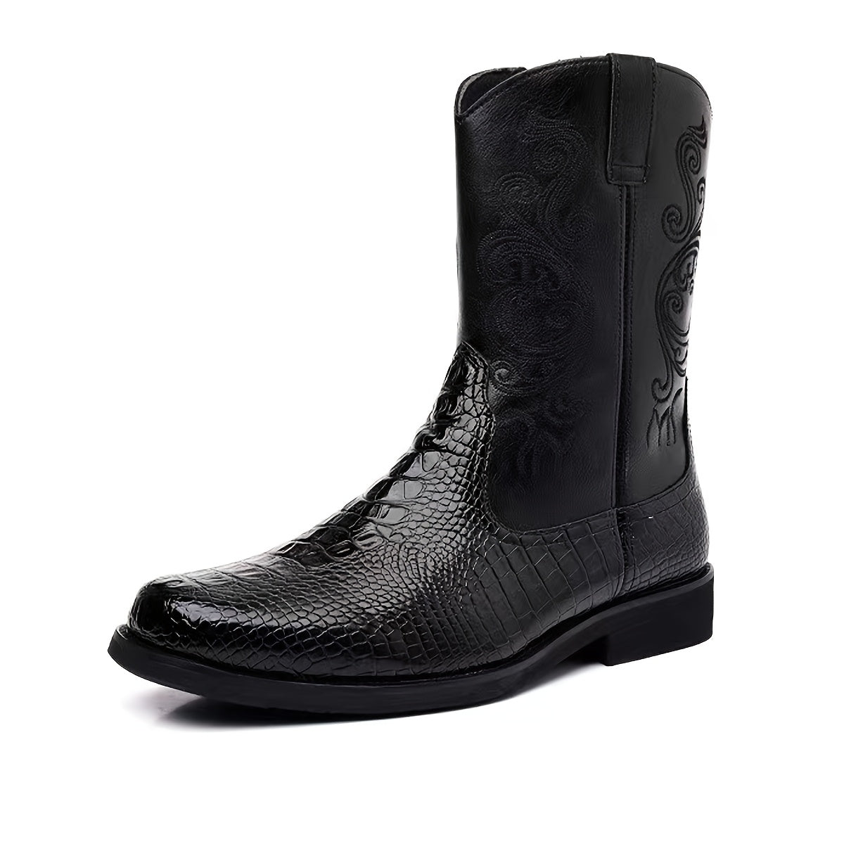 Men's Retro Western Cowboy Boots with Crocodile-Textured Toe & Shaft, Embroidered Design, Side Zipper Closure, Square Toe, & Rubber Sole - All-Season Party & Casual Boots