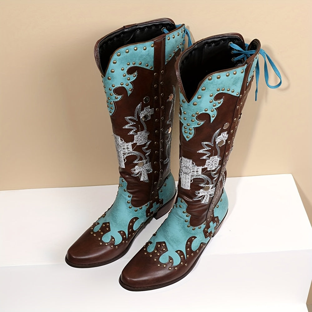 [Vintage Floral Cowboy Boots] Vintage Floral Embroidered Women's Knee-High Cowboy Boots | Square Toe Chunky Mid-Calf Heel, Turquoise & Brown PU Cover Western Boots with Rubber Sole, All-Season Casual Wear