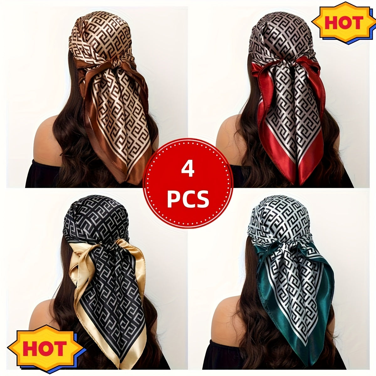 [Exquisite Head Scarf] 4pcs Exquisite Head Scarf for Women | Inspired Black Square Scarf with Golden & Zebra Print - Glamorous Headwear for Any Occasion
