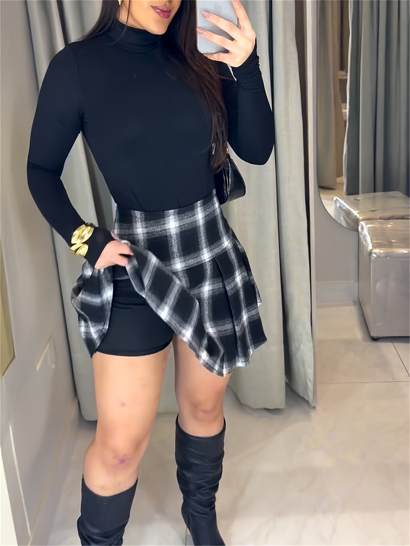 High Neck Long Sleeve Open Back Jumpsuit and Casual Plaid Print Pleated Skirt Set