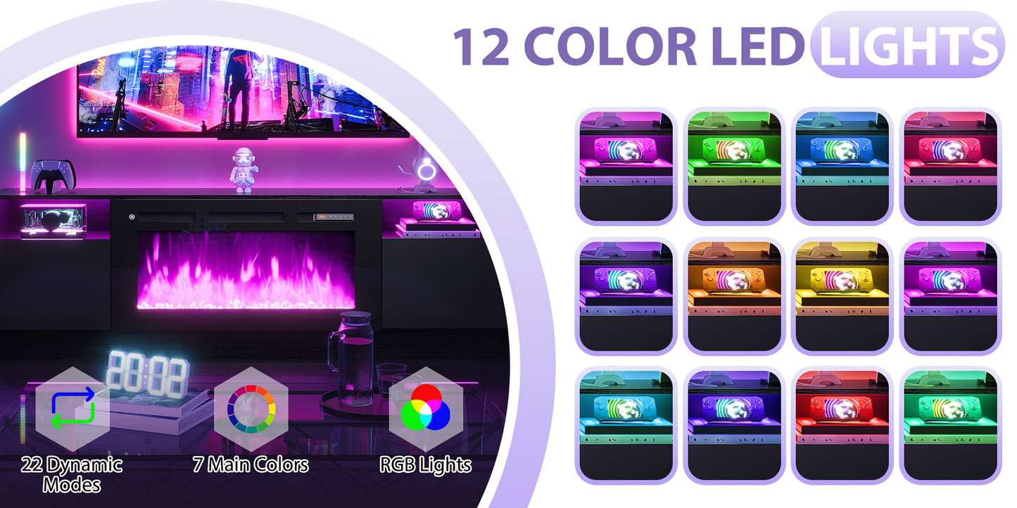 Modern Electric Fireplace TV Stand Entertainment Center with 36.3" Wall-Mounted Fireplace, 12-Color LED Lights, High-Gloss Storage Cabinet & Hardwood Construction - Fits TVs Up to 80", Energy-Efficient, Adjustable Timer