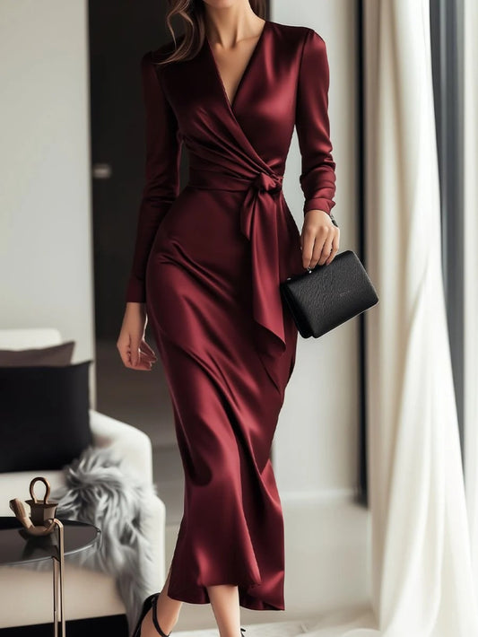 Women'S Popular Burgundy Satin High-End Solid-Color Decorative Dress, Waist-Tightening And Hip-Hugging, Suitable for Spring, Summer, And Autumn Evening Dinners, Cocktail Parties, Business Receptions, Gatherings, And Other Occ