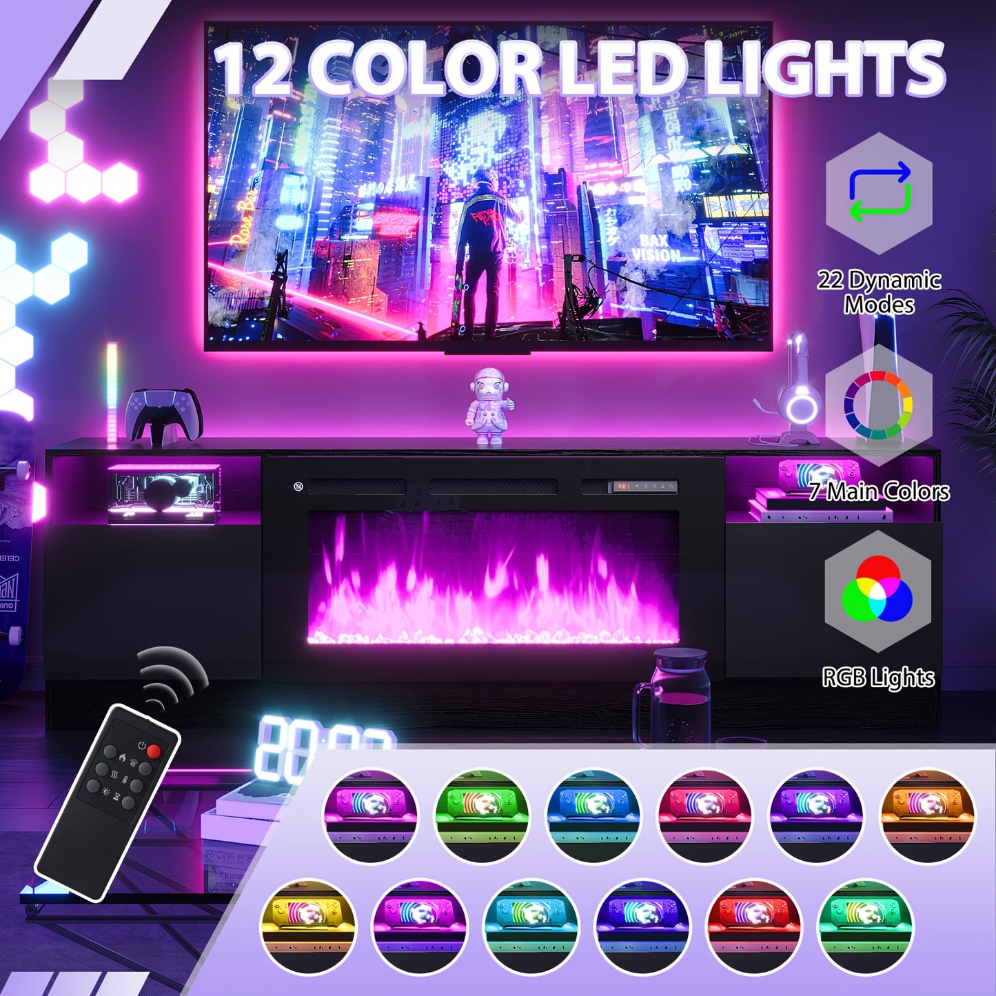 Modern Electric Fireplace TV Stand Entertainment Center with 36.3" Wall-Mounted Fireplace, 12-Color LED Lights, High-Gloss Storage Cabinet & Hardwood Construction - Fits TVs Up to 80", Energy-Efficient, Adjustable Timer