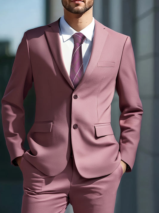 [2pcs Men's Suit Set] 2pcs Men's Suit Set - Solid Color, Regular Fit, Party Style - Rayon Blend Jacket and Pants with Lapel, Long Sleeves for Weddings, Performances, and Formal Events