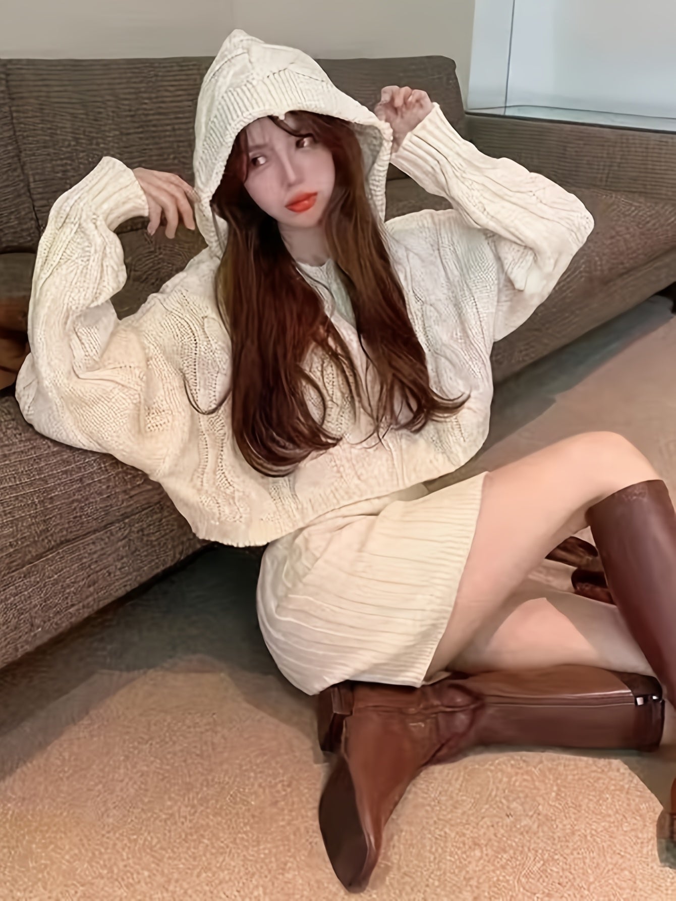 New Retro Elegant Hooded Ribbed Sweater High-Waisted Stretchy Waist-Cinching Skirt Suit