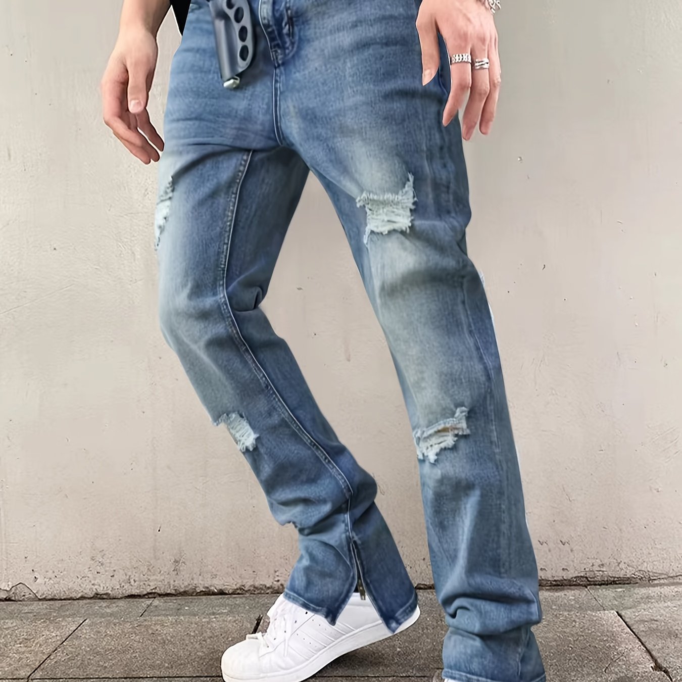 Men's Loose Straight Ripped Jeans - Men's Blue Stretch Micro Flared Pants, Leg Zipper, Washed Gradient Design, Mid to High Waist, Stylish Street Split, All-Season Jeans