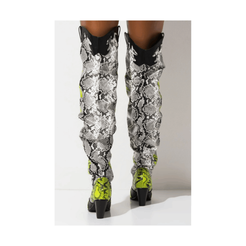 HILDA Colorful Snakeskin Over-the-Knee Boots – Chunky Low Heel Western Style