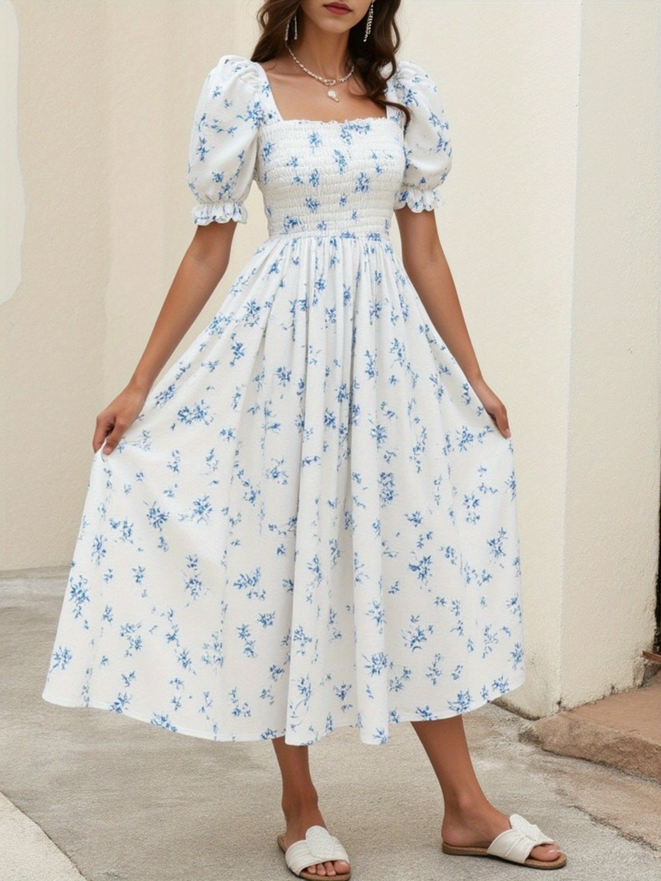 Elegant Spring/Summer Women's French Floral tea party dress - Square neck, Non-Stretch flared skirt for casual outing
