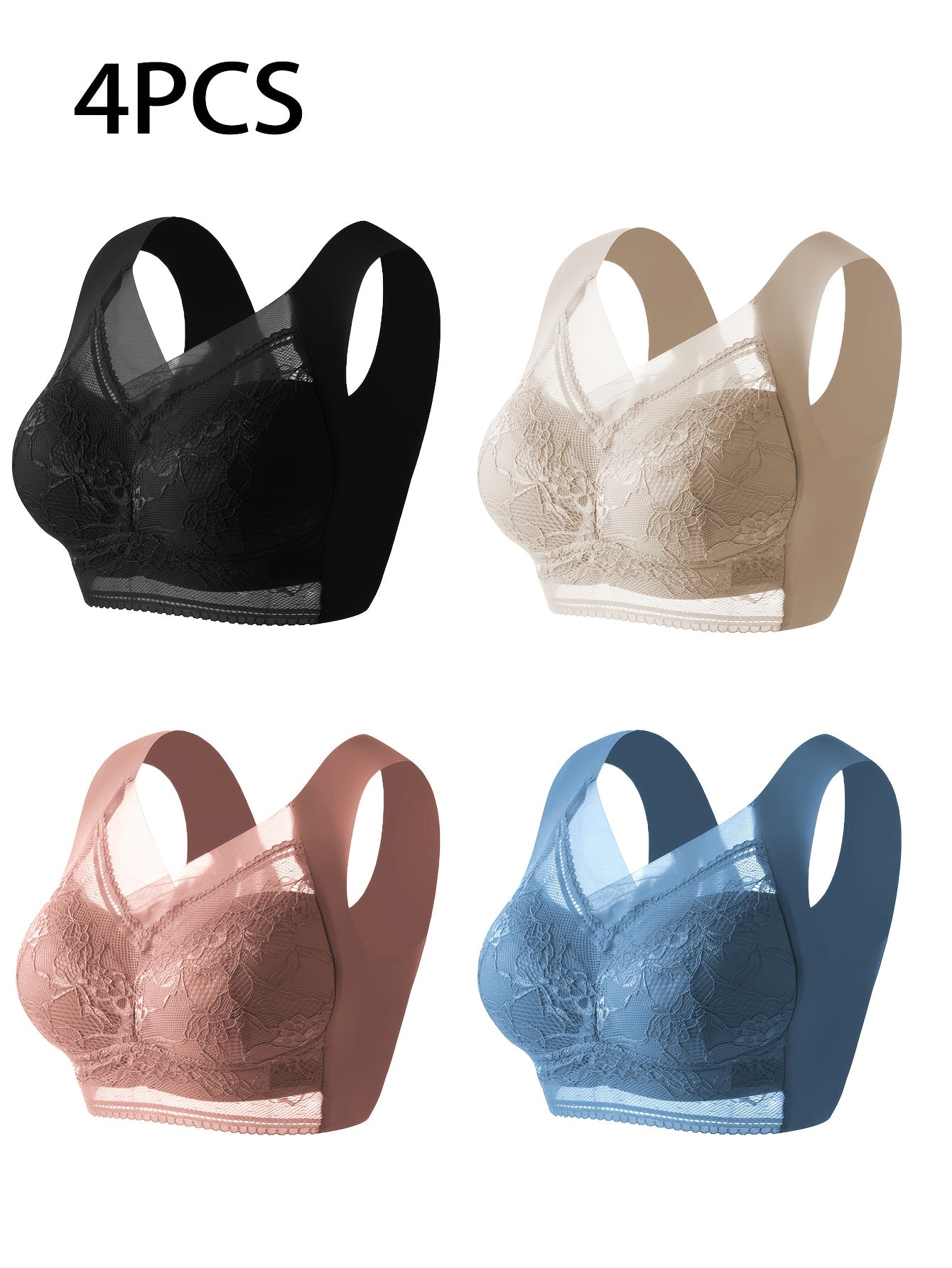 4pcs of mixed color Women's lace contrast underwear, daily bra, no steel ring underwear and bra