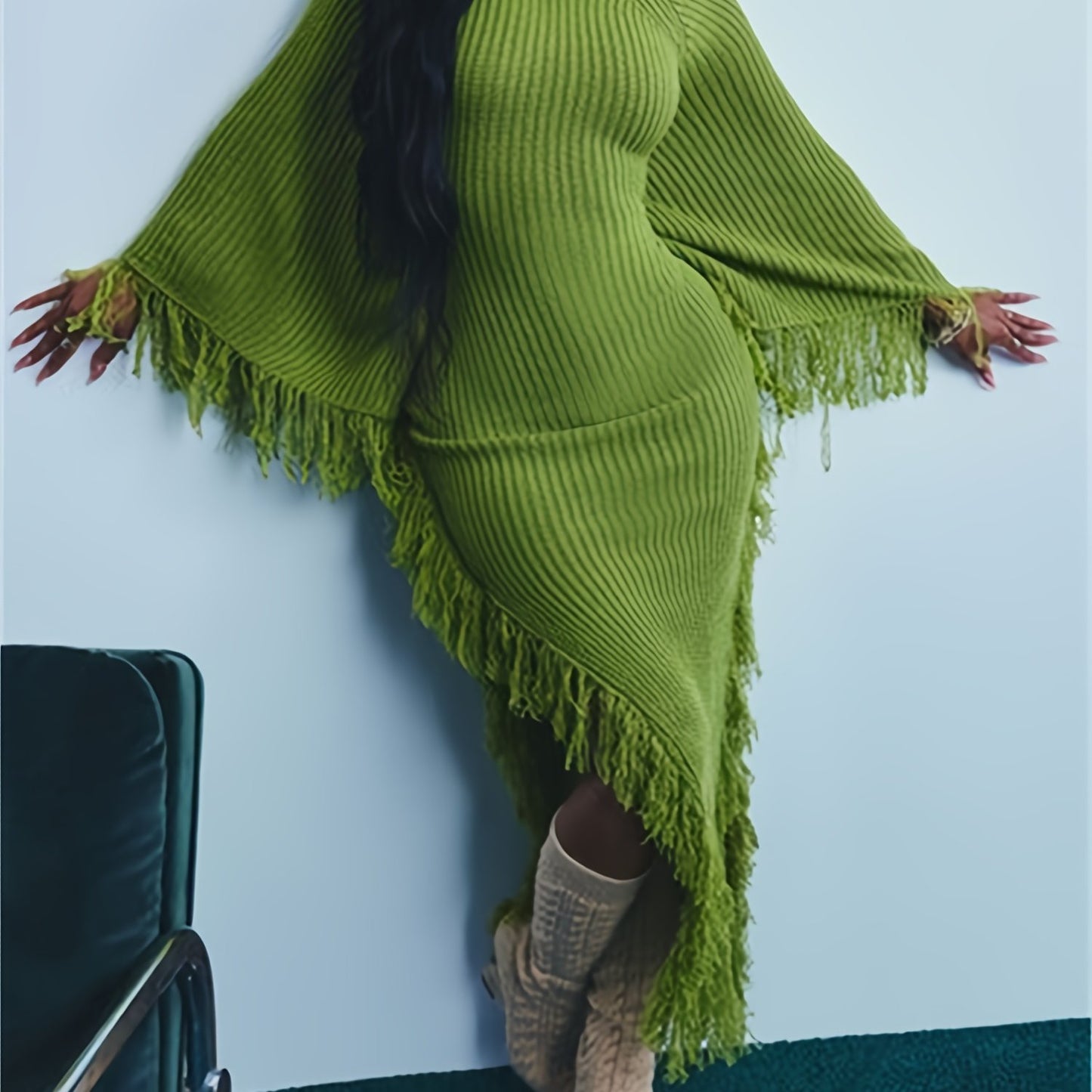 Fringe Trim Sweater Dress For Women, Batwing Long Sleeve High Neck Maxi Dress With Asymmetrical Hem, Sexy And Chic Style, For Fall Winter