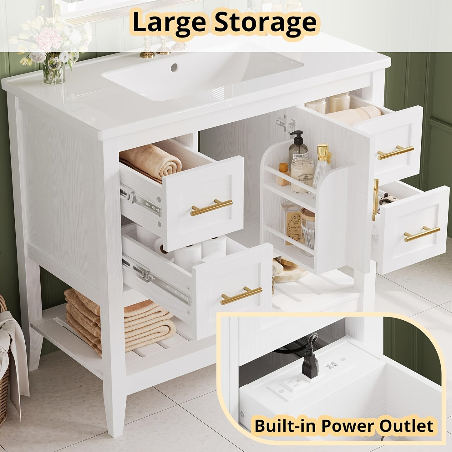 IRONCK 36" Modern Undermount Bathroom Vanity with Sink - White Wooden Cabinet with 4 Drawers, Open Shelf, Charging Station & Door Shelves, Rustic Style for Contemporary Bathrooms, Bathroom Vanity Cabinet, Bathroom Storage, Mi