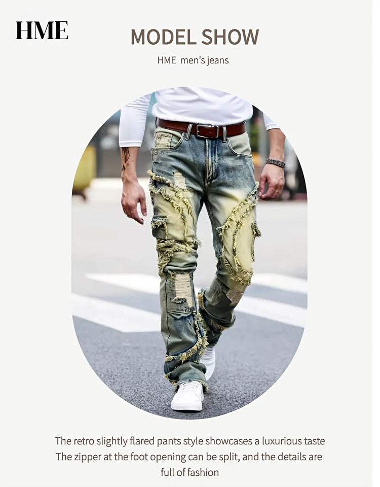 HME Men's Skinny Jeans - Heavy Washed Vintage Streetwear Pants with Patchwork Stitching, Stretch Denim (Cotton-Based), Mid-Rise Fit, All-Season Urban Fashion Jeans for Men, Casual Streetwear, Versatile Bottoms, Retro Style, D