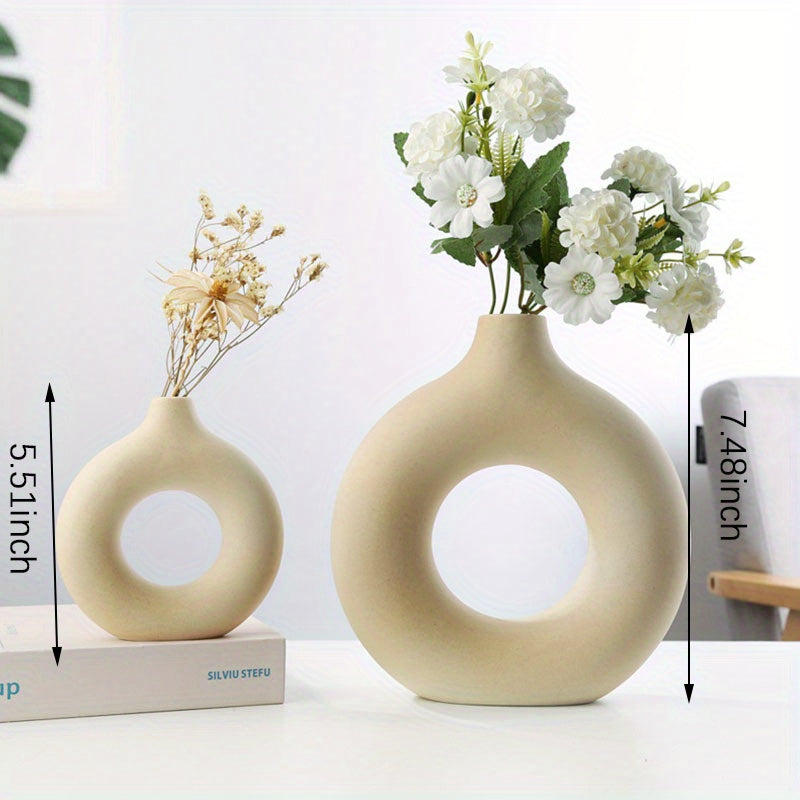 1pc Contemporary Ceramic Vase, Round Circle Design, Creative Ceramic Craft, Living Room Decor, Cross-Border Bestseller, 5.12*5.51inch Decorative Flower Vase